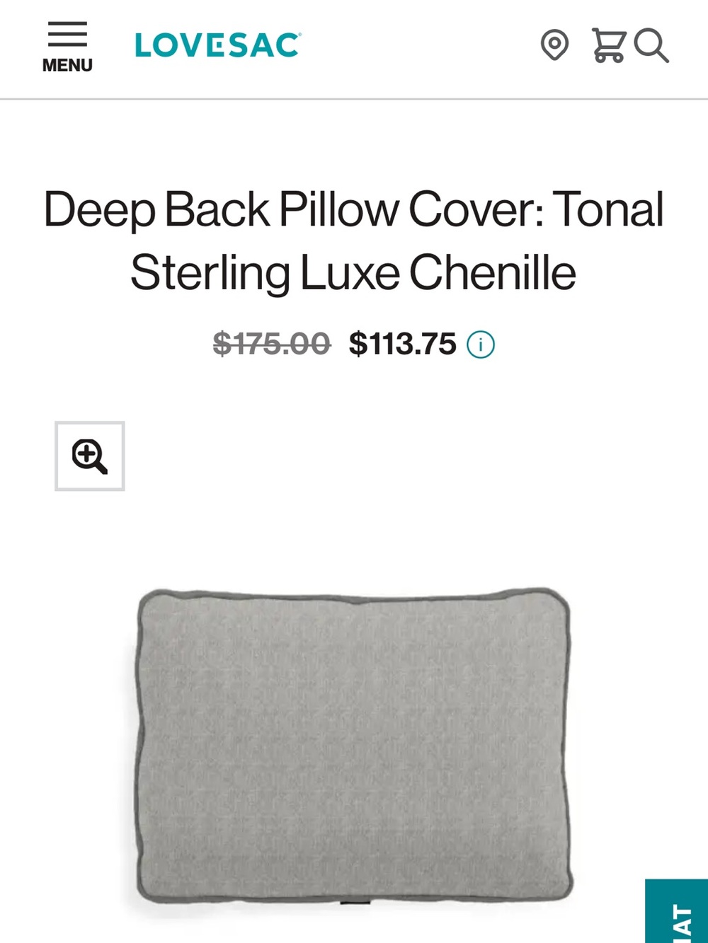 Lovesac Deep Back Pillow Cover in Sterling Gray Chenille
